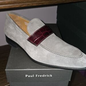 Paul Fredrick Men's Suede Loafers with Burgundy Accent